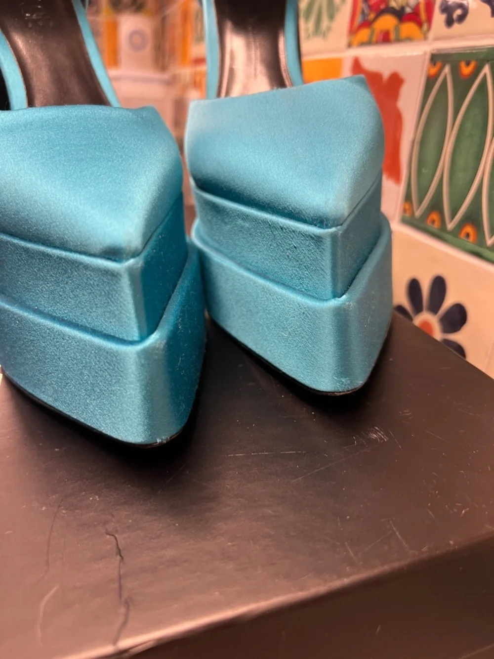 Versace Turquoise Blue Platform High Heels with Jeweled Ankle Strap